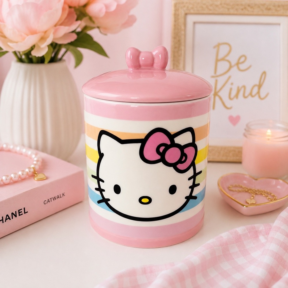 Sanrio Hello Kitty Rainbow Stripe Ceramic Canister Jar Pink Bow Lid Pastel Large